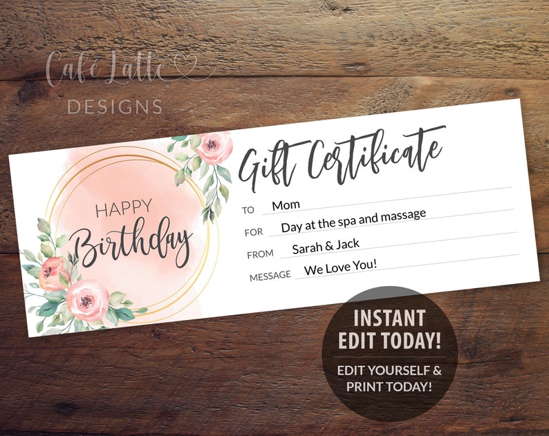 Birthday gift certificate editable template, Birthday gift coupon printable, Birthday gift card for her women mom sister, Last minute gift ideas, Original gift idea, Massage spa gift coupon, Company business gift card DIY, Photo session gift card