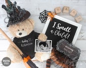 HALLOWEEN Baby Pregnancy Announcement, I Smell a Child, Baby Brewing Witch Hat Theme, October Social Media Reveal, No Tricks Just a Treat Il_170x135
