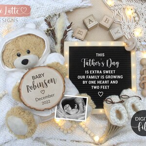Faire-part de grossesse numérique pour la fête des pères, faire-part de bébé numérique pour la fête des pères pour les réseaux sociaux, ours bohème neutre de juin, révélation de mari