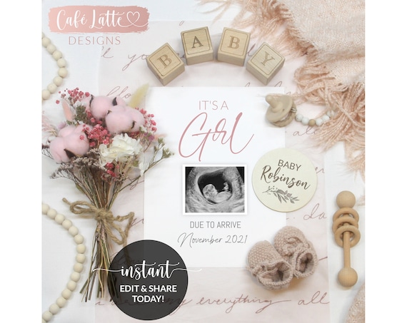 Editable Girl Baby Announcement Social Media, Its a Girl Gender Reveal Pregnancy Digital Template, Pink Flowers Boho, Instagram Facebook DIY Il_570xn