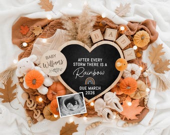 Rainbow Pregnancy Announcement Digital, Autumn Baby Announcement Digital Social Media, Rainbow Baby Reveal Editable Template, Fall baby