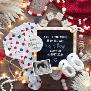 Digital Boy Valentines Day Gender Reveal, Es un anuncio de embarazo de niño para las redes sociales, Boho Baby Editable Template Letter Board, DIY