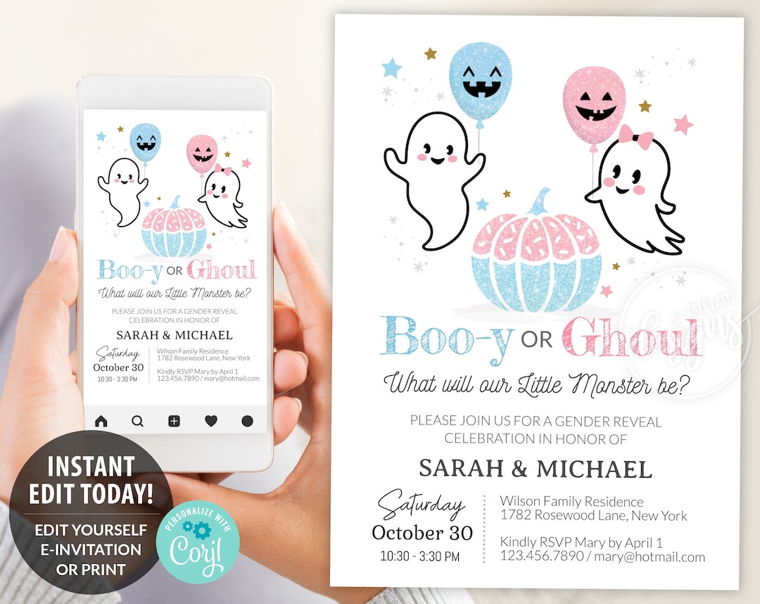 Halloween Gender Reveal Invitation Editable Template, Booy or Ghoul ...