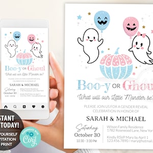 Halloween Gender Reveal Invitation Editable Template, Booy Or Ghoul Ghost E-Invitation Party Invite, Pink Or Blue Printable Card Instant DIY