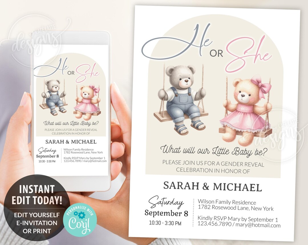 Gender Reveal Invitation Editable Template, He or She Teddy Bear E ...