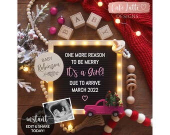 Editable Christmas Girl Gender Reveal Social Media, Reason to Be Merry Its a Girl Letter Board Pink Truck Pregnancy Announcement Digital DIY