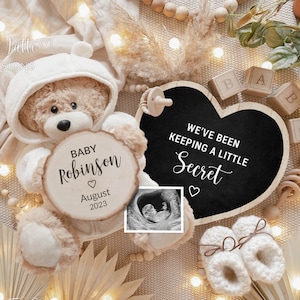 Pregnancy Announcement Digital Reveal For Social Media, Baby Announcement Digital Bohemian Gender Neutral Image Bear Heart, Keeping a Secret