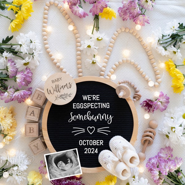 Easter Pregnancy Announcement Social Media, Expecting Somebunny Digital Gender Neutral Baby, Editable DIY Template, Bunny Ears and Flowers