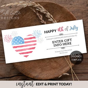 Plantilla editable de certificado de regalo del 4 de julio para imprimir/Cupón de regalo empresarial patriótico de EE. UU. personalizado/DIY instantáneo