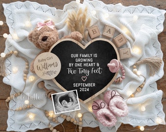 Girl Gender Reveal Baby Announcement For Social Media, Digital Boho Girl Teddy Bear Pregnancy Announcement Heart Chalkboard, Editable DIY