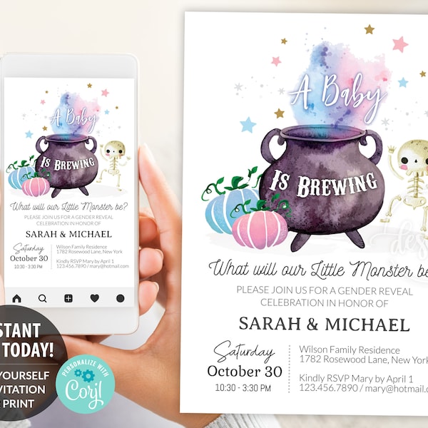 Halloween Digital Gender Reveal Invitation Editable Template, A Baby Is Brewing, Gender E-Invitation Party Invite Octobre, DIY Imprimable