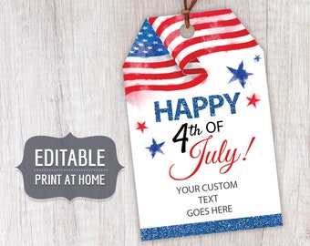 4TH OF JULY Printable Gift Tags, Fourth of July Editable Personalized Gift Favor Tags Template with USA Flag, Custom Labels Instant Download