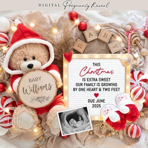 Anuncio digital de embarazo navideño, anuncio digital de bebé navideño en redes sociales, plantilla editable de poema navideño de oso de Papá Noel