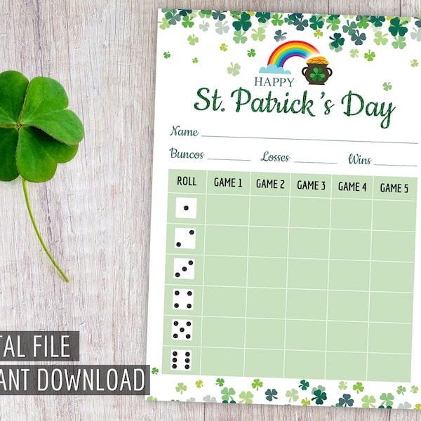 St. Patricks Day Bunco Scorecard, St. Patty's Day Printable Bunco Score Sheet, Lucky Pot of Gold & Rainbow, Instant Download Game Files