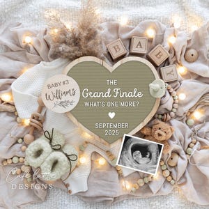 Grand Finale Pregnancy Announcement Digital, Pregnancy Announcement to Husband, Last Baby 3rd 4th Child Editable Template, Sage Green Heart