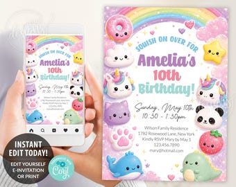 May include: A digital birthday invitation card featuring a rainbow, pink clouds, and various cute characters including a donut, star, unicorn, cat, paw, whale, and dinosaur. The text reads: Squish on over for Amelia's 10th Birthday! Sunday, May 10th, 10:30-1:30pm.