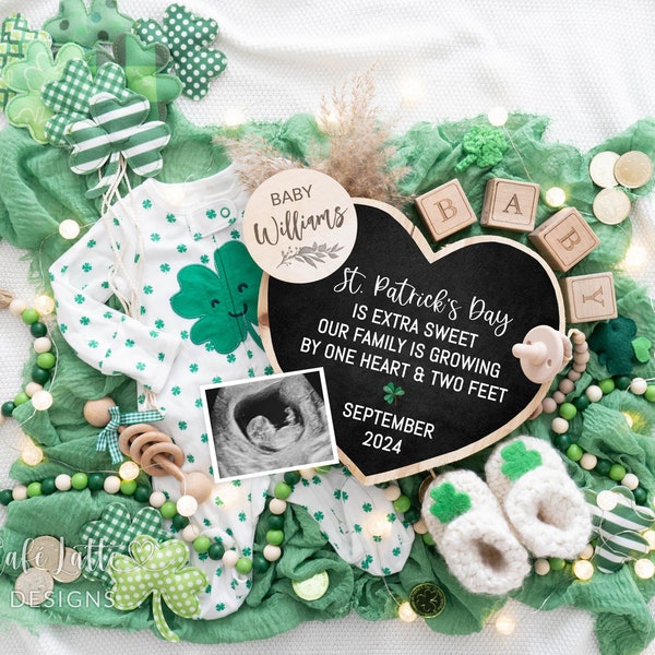 St Patricks Pregnancy Announcement Social Media, Boho Digital St Patricks Baby Announcement Editable DIY Template Letter Board, Shamrock PJ