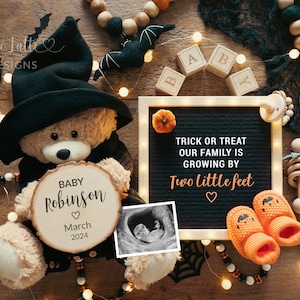 Halloween Pregnancy Announcement Digital, Baby Announcement Digital Social Media, Pregnancy Reveal Trick or Treat, Bear Witch Hat Pumpkins
