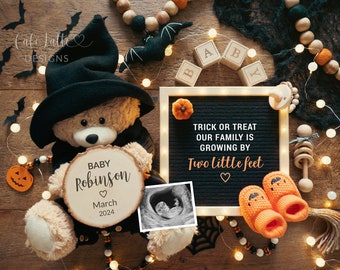 Halloween Baby Announcement For Social Media, Halloween Digital Pregnancy Announcement, Trick or Treat Letter Board, Bear Witch Hat Pumpkins