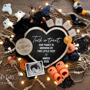 May include: A Halloween-themed baby announcement with a black chalkboard heart that reads "Trick or Treat Our Family is Growing by Two Little Feet" with the date March 2025. The chalkboard is surrounded by Halloween decorations, including ghosts, bats, and a baby rattle.