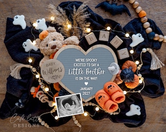 Halloween Little Brother Baby Boy Pregnancy Announcement Digital, Its a Boy Editable Template For Social Media, October Boy Gender Reveal
