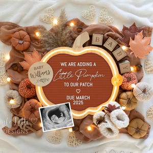 Anuncio digital de embarazo de otoño, anuncio digital de bebé de otoño en redes sociales, plantilla editable de revelación de bebé neutral, Little Pumpkin