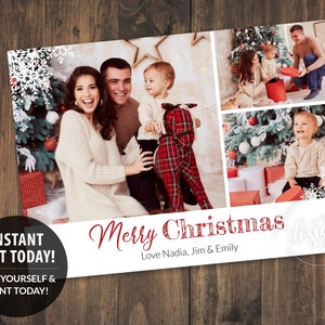 CHRISTMAS Family Photo Editable Printable Card, Personalized Card with kids baby family pics photoshoot, Merry, Snowflakes, 5x7, Instant DIY