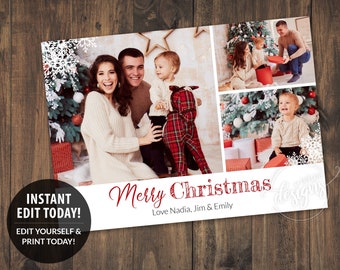 CHRISTMAS Family Photo Editable Printable Card, Personalized Card with kids baby family pics photoshoot, Merry, Snowflakes, 5x7, Instant DIY