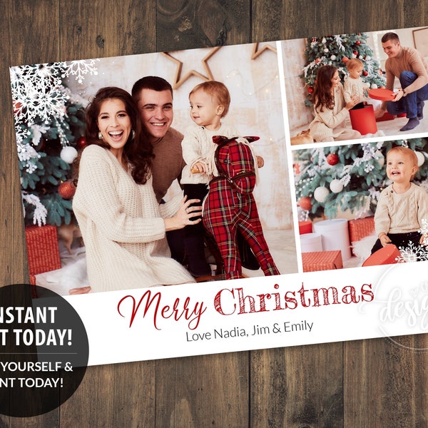 CHRISTMAS Family Photo Editable Printable Card, Personalized Card with kids baby family pics photoshoot, Merry, Snowflakes, 5x7, Instant DIY