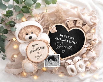 Boho Pregnancy Announcement Digital Reveal For Social Media, Baby Announcement Bohemian Gender Neutral Bear Heart Eucalyptus, Keeping Secret