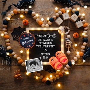 May include: A Halloween-themed pregnancy announcement with a black letter board that reads "Trick or treat our family is growing by two little feet October 2024". The letter board is surrounded by a garland of wooden beads, orange and black felt bats, and a small ultrasound image.