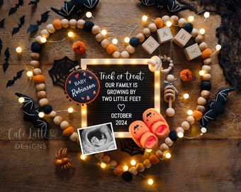 Halloween Pregnancy Announcement Social Media, Halloween Baby Announcement Trick or Treat Heart, Digital Letter Board Editable Template DIY