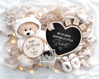 Pregnancy Announcement Digital Reveal For Social Media, Boho Gender Neutral Baby Announcement Digital Image Bear Heart, Keeping a Secret