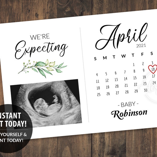 Pregnancy Announcement Printable Card, Baby Announcement to husband, Grandparents, Due Date Calendar, April, Expecting Digital Editable