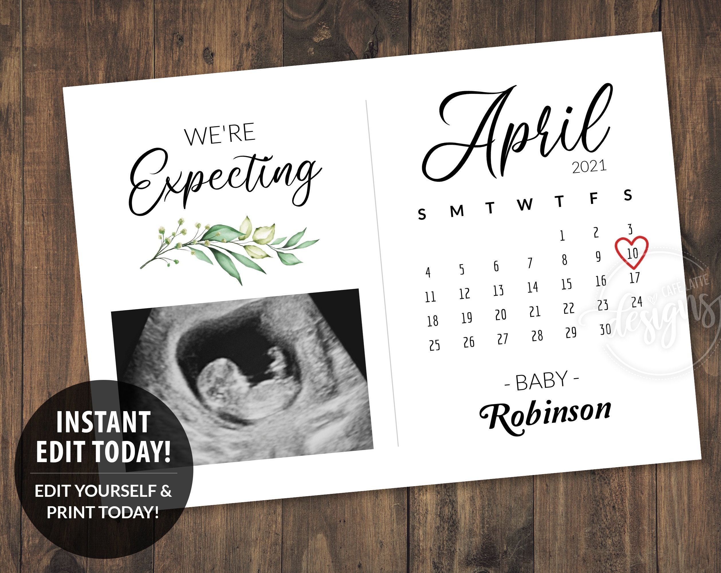 Pregnancy Announcement Printable Card, Baby Announcement to husband, Grandparents, Due Date Calendar, April, Expecting Digital Editable