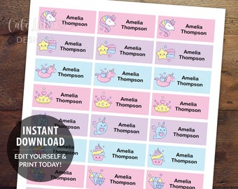 Back to School Editable Printable Name Tags, Personalized Back to School Unicorn Name Labels Template, Instant Download Labels for Kids DIY