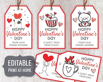 Valentine's Kids Editable Gift Tags, Valentines Day Personalized Gift Favor Tags Template for Kids, Custom Printable Instant Download DIY