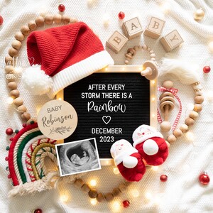 Weihnachten Regenbogen Baby Schwangerschaft Ankündigung Social Media, digitale Weihnachten Boho Baby After Every Storm bearbeitbare Vorlage Brief Board DIY