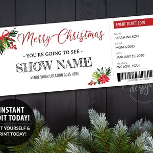 CHRISTMAS Concert Show Ticket Surprise, Gift Certificate Plantilla editable imprimible, Cupón de regalo personalizado, Instant DIY Corjl, Artista