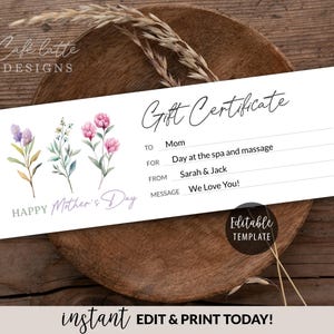 Plantilla de certificado de regalo para el Día de la Madre, imprimible y editable, cupón de tarjeta de regalo personalizada para salón de spa, descarga instantánea.