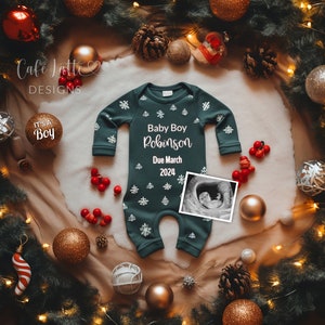 Christmas boy gender reveal digital for social media, Christmas boy pregnancy baby announcement digital image with Christmas ornaments and green baby bodysuit, Its a boy baby editable template DIY, December Winter baby boy