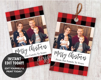 CHRISTMAS Photo Gift Tags Editable Printable, Custom Personalized Family Pic Labels for Gifts, Favor Tag Template Plaid Pattern, Instant DIY