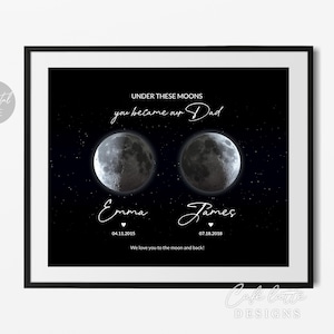 Puede incluir: Impresión enmarcada con borde negro. Fondo negro con dos ilustraciones de luna. El texto dice "UNDER THESE MOONS you became our Dad" con los nombres "Emma" y "James" y fechas. Las palabras "Digital File" están en la esquina superior izquierda.
