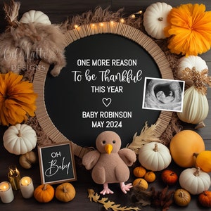 Thanksgiving Pregnancy Announcement Digital, Pregnancy Announcement Template Social Media, Thankful Baby Reveal, Neutral Turkey, Editable