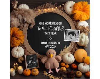 Thanksgiving Pregnancy Announcement Digital, Pregnancy Announcement Template Social Media, Thankful Baby Reveal, Neutral Turkey, Editable