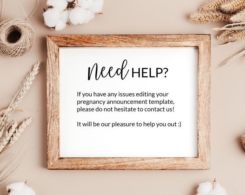 K&ouml;nnte beinhalten: Ein gerahmtes Schild mit dem Text "Need HELP?" und Anweisungen, wie man den Verk&auml;ufer kontaktiert, um Hilfe beim Bearbeiten einer Schwangerschaftsank&uuml;ndigungsvorlage zu erhalten.