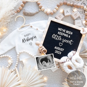 Faire-part de grossesse bohème numérique | Modèle d'annonce de grossesse pour les médias sociaux | Tableau aux lettres neutre Boho Baby Reveal | Modifiable