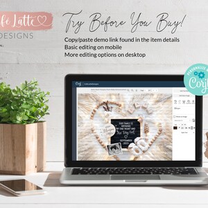 May include: A laptop computer screen displaying a digital design template for a baby announcement. The design features a chalkboard with the text "Our family is growing by one heart and two tiny feet." The design also includes a heart made of wooden beads, a wooden honey dipper, and a small wooden sign that says "Baby is coming." The laptop is on a white table with a potted plant and a cell phone.