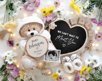 Spring Pregnancy Announcement Digital Reveal Social Media, Spring Baby Announcement Digital Teddy Bear Heart Flowers, Spring Is In The Air