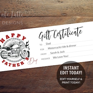 Modèle modifiable de certificat-cadeau de fête des pères imprimable, coupon-cadeau de moto de fête des pères pour papa, cadeau de dernière minute instantané bricolage Corjl